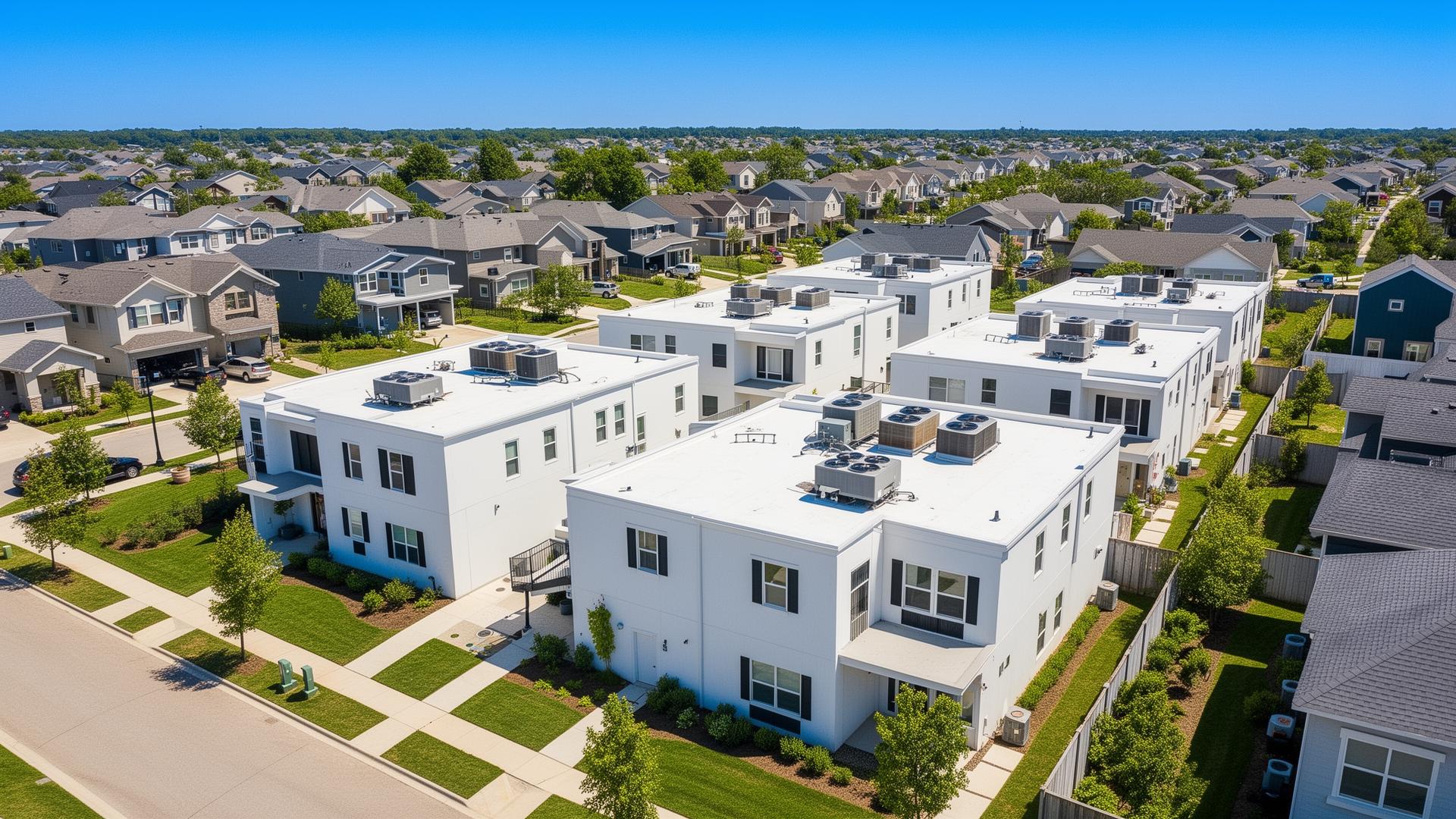 Aerial view of modern residential neighborhood with HVAC systems
