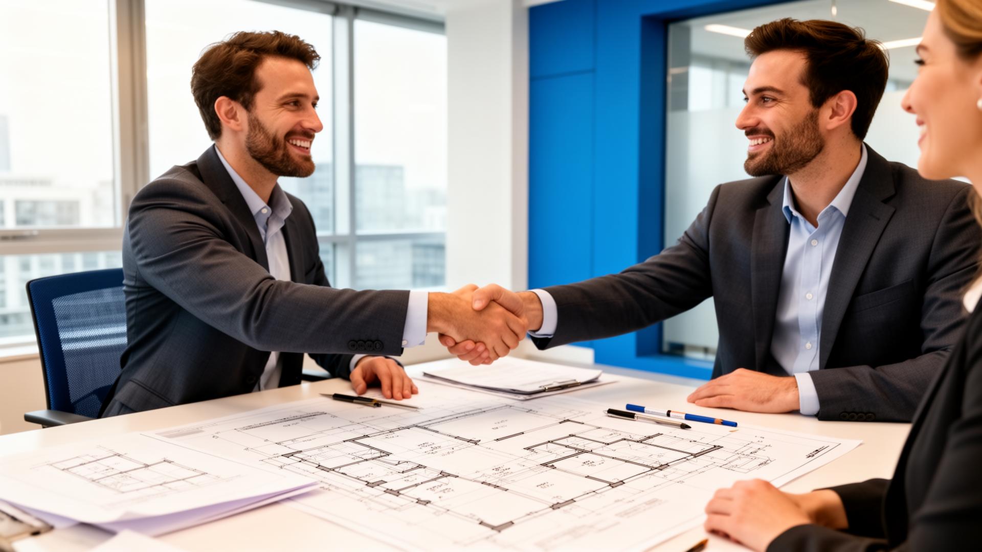 Professional handshake over HVAC project blueprints