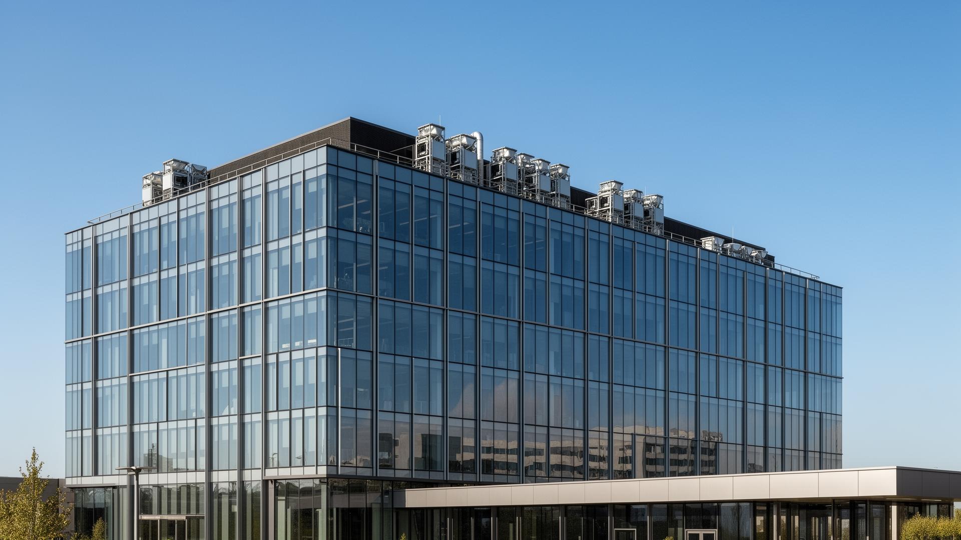 Modern commercial building with HVAC rooftop units