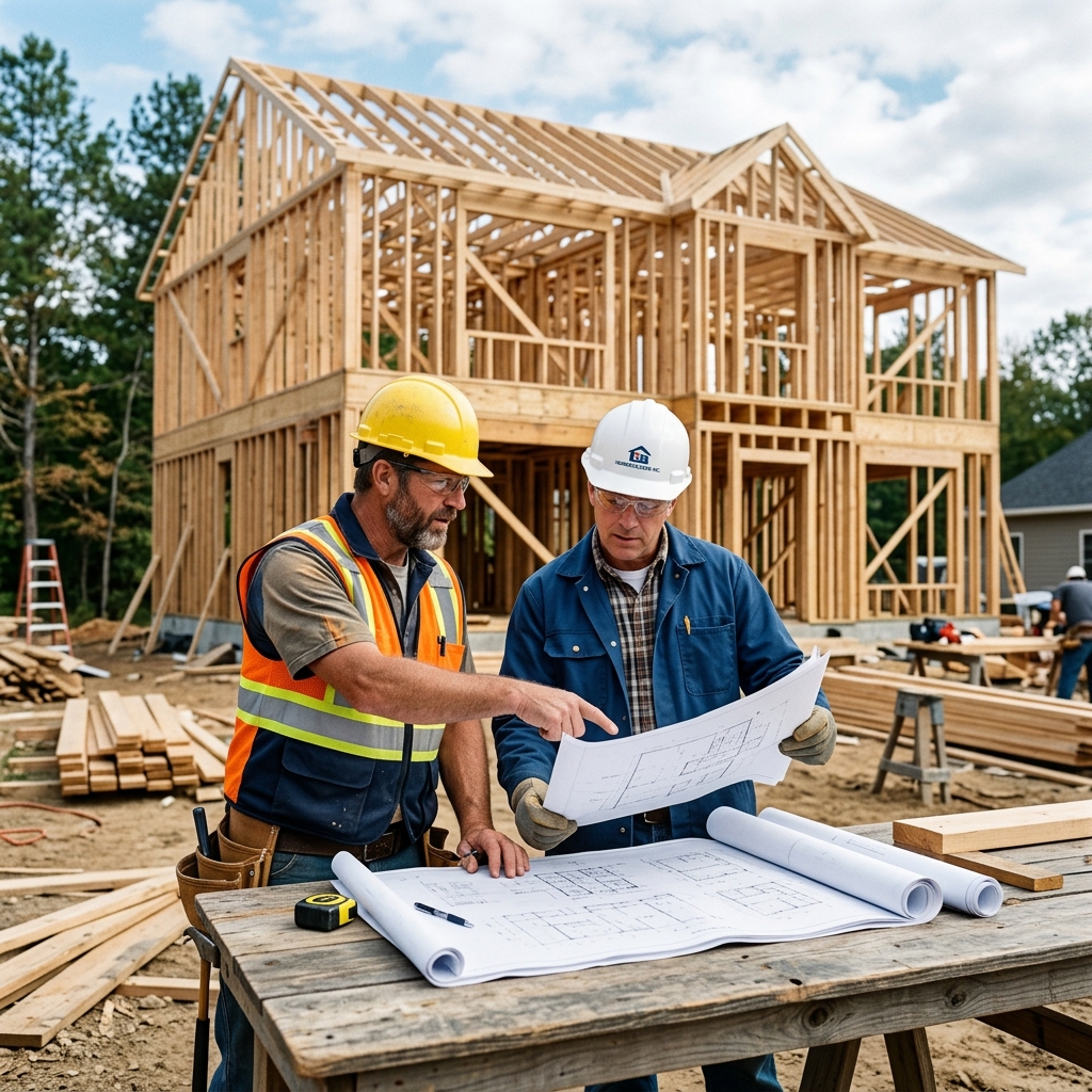 Builders looking at construction